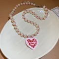 Pink sweet pearl beaded necklace with red heart pendant, cute aesthetic clavicle chain jewelry. - 21# Necklace