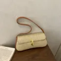 Woven straw baguette shoulder bag for women, brown leather trim with metal lock clasp. - Brown