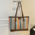 Colorful woven striped tote bag, stylish leather trim shoulder bag for women daily fashion use. - Style 2 Brown (Without Pendant)