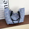Blue and white striped canvas tote bag, large capacity shoulder bag for daily commute & casual use. - Blue