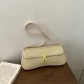 Woven texture baguette shoulder bag, pink trim with vintage gold lock stylish women handbag. - Khaki