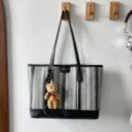 Stylish color-blocked large capacity tote bag with black and white woven texture and cute bear pendant. - Style 1 / With Pendant / Black