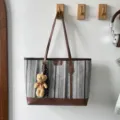 Stylish striped canvas tote bag with brown leather trim and cute bear pendant for women. - Style 1 / With Pendant / Brown