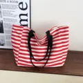 Large capacity red white striped canvas tote bag casual commuting shoulder handbag for women - Red