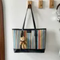 Fashionable colorful striped large capacity tote bag minimalist shoulder bag handbag - Style 2 / With Pendant / Black