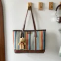 Fashionable color-block woven tote bag with brown PU leather handles and cute teddy bear pendant. - Style 2 / With Pendant / Brown