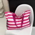 Pink and white striped canvas tote bag, large capacity shoulder bag for women daily use. - Pink