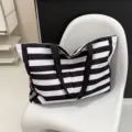 Black and white striped canvas tote bag, large capacity casual single shoulder handbag for women. - Black