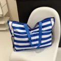 Blue and white striped canvas tote bag, large capacity single shoulder armpit bag for women. - Blue