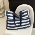 Blue white striped canvas tote bag large capacity shoulder casual handbag for daily commute - Dark Blue