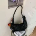 Korean style retro soft pleated hobo shoulder bag casual large capacity dumpling bag - With Pendant / Black