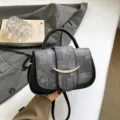 Chic grey patchwork top handle handbag with gold crescent metal buckle for women daily commute. - Black