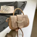 Retro casual minimalist shoulder bag for women, chic patchwork design with stylish metal clasp. - Khaki
