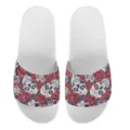 Unisex weiße Badeschlappen mit bunten Totenkopf und Rosen Muster, flache Hausschuhe. - 35 / Rosen Totenkopf Druckstil(YZTW-043)