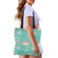 Leinwand Tragetasche für Damen mit süßem Cartoon Kuchen und Dessert Druck, lässige Umhängetasche. - Cyanfarbener Cartoon-Dessert-Stil (GWD-010) / 40x40cm