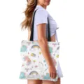Cute cartoon unicorn print canvas tote bag, casual shoulder handbag for daily shopping use. - White Unicorn Rainbow Print (GWD-017) / 40x40cm