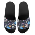 Schwarze Pantoletten für Damen und Herren mit buntem Totenkopf-Print im Tag der Toten-Stil. - 35 / Schwarz Bedruckt (YZTB-034)