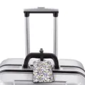 Cute cartoon cat print luggage tag with strap displayed on silver suitcase handle main view. - XLP-002 Style / Medium Pack