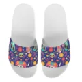 Sommer bequeme Badeschuhe Schlappen mit buntem Totenkopf Blumen Muster fuer Strand Alltag - 35 / Dunkelblaue Sohle Bunter Totenkopf Druck (YZTW-029)