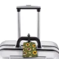 Floral pattern luggage tag with green background hanging on suitcase handle for easy travel id. - Sunflower Floral Print Style (XLP-008)
