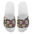 Lässige bedruckte Badeschlappen mit weißer Sohle und buntem mexikanischem Totenkopf-Motiv - 35 / Bunter Totenkopf Floral Druck Stil (YZTW-012) / Weiß