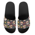Bequeme Unisex Badeschuhe Hausschuhe mit buntem Totenkopf Blumen Muster auf schwarzer Sohle. - 35 / YZTB-012 Schwarze Basis Bunter Totenkopf Druck