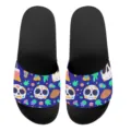 Starke bunte Totenkopf Druck Hausschuhe für Damen und Herren im modischen Sommer Design. - 35 / Schwarze Basis Blauer Zuckerschädel Floral Druck (YZTB-013)