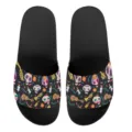Schwarze Unisex Badelatschen mit bunten Totenkopf und Gitarren Muster für Sommer Strand Freizeit. - 35 / Bunter Totenkopf Druck (YZTB-004)