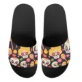 Schwarze Badeschlappen mit buntem Totenkopf Muster, bequeme flache Sandalen für Damen und Herren. - 35 / Tag der Toten Totenkopf-Druck (YZTB-024)