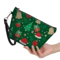 Borsa cosmetica verde di Natale con stampa festiva, cinturino da polso e cerniera sicura. - Motivo Regalo di Natale Verde (hzb-059) / 21.5*14.5*6.5cm