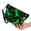 Christmas dinosaur print PU leather makeup bag stylish portable clutch bag daily use - Medium (21.5x14.5x6.5cm) / Christmas Dinosaur Print (hzb-093)