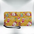 Yellow PU leather long zipper wallet with cute Christmas cartoon print and strap. - Yellow Christmas Style (QB-066)