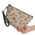 Christmas PU leather cosmetic pouch for women portable travel makeup bag wristlet. - Christmas Tree & Bird Print (hzb-047) / 21.5x14.5x6.5cm
