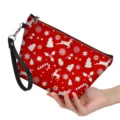 Red Christmas cosmetic bag with festive reindeer and snowflake patterns and wrist strap. - Medium (21.5x14.5x6.5cm) / Red Reindeer Snowflake Print (hzb-092)