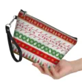 Christmas PU cosmetic bag with wrist strap, festive holiday pattern portable pouch. - White Background Holiday Greetings Print (hzb-050) / 21.5x14.5x6.5cm