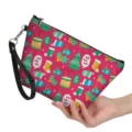 Christmas festive red PU leather makeup bag with wrist strap for women daily use - Medium (21.5x14.5x6.5cm) / Red HO HO HO Festive Style (hzb-095)