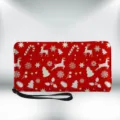 Red Christmas long PU leather wallet clutch with wrist strap, cute holiday card holder. - Red Christmas Style (QB-068)