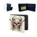 Men's bifold PU leather wallet with cool skull and guitar print, card slots and cash pocket. - Skull Flame Guitar Print (ZDQB-041)