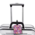 Easter bunny chick patterned luggage tag attached on silver suitcase handle for travel. - Pink Easter Rabbit (XLP-036) / Small (3.5x1.75 inch)