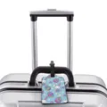Cute Easter bunny luggage tag with cartoon rabbit and colorful eggs for travel bags and suitcases - Light Blue Rabbit Rainbow (XLP-037) / Small (3.5x1.75 inch)