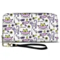Women long zipper wallet with wrist strap cute cat doodle print leather clutch purse main view - Cat Graffiti Print (V2QB-003)