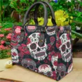 Modische Damen PU Leder Handtasche mit Totenkopf und roter Rosen Print, elegante Schultertasche. - Mexikanischer Totenkopf Rose Handtasche (0034)