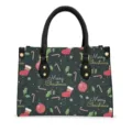 Sac à main en cuir de Noël avec imprimé festif, poignées noires et détails dorés. - 29*20*11 cm / Éléments Vacances Vert Foncé (STB-010)