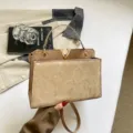 Beige PU Leather Handbag Stylish Chic Shoulder Bag with Metal V Logo and Top Handle - Khaki