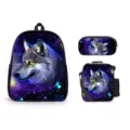 Conjunto de mochila escolar de 3 piezas con estampado de lobo cósmico, bolso duradero. - Animales del cielo estrellado-08