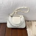 White French style underarm bag with braided strap chic star pattern and metal flower chain - White