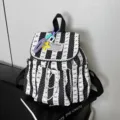 Black and white striped mini backpack with bow pattern, stylish daily school bag for students. - With Pendant / Black