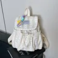 Sweet style striped canvas backpack with bow pattern, large capacity school bag for daily use. - With Pendant / Light Khaki