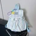 Sweet blue striped backpack with bow print, casual student book bag with drawstring. - With Pendant / Blue