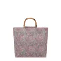 Elegante bolso tote con estampado de cachemira de estilo étnico con asa de bambú natural. - Púrpura